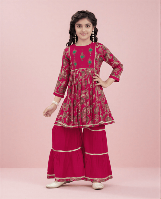 Elegance in Rani Pink: Girls' Peplum Sharara Set - nemi kids wear