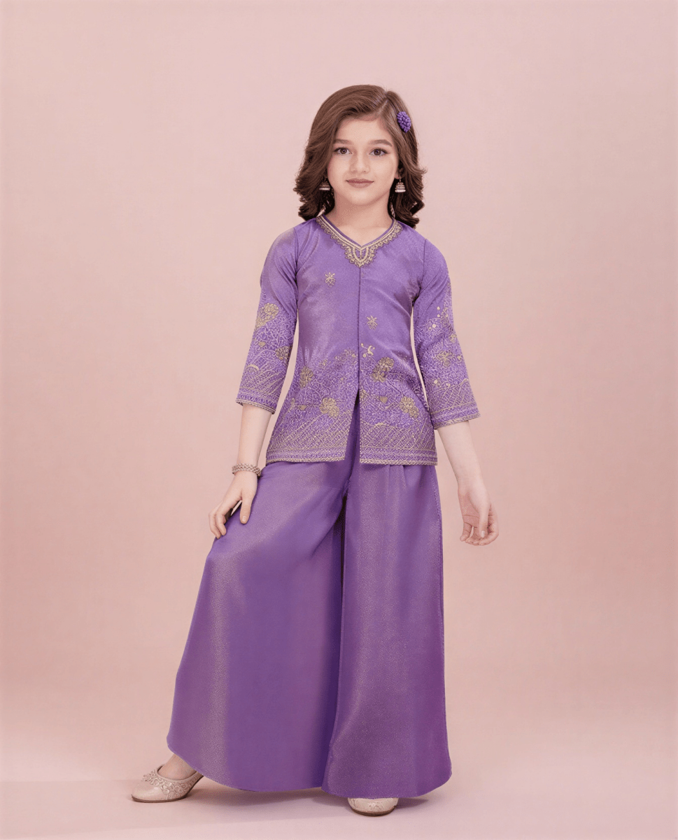 Elegant Girls’ Purple Embroidered Sharara Suit Set – 3 - Piece Festive Ethnic Wear - nemi kids wear
