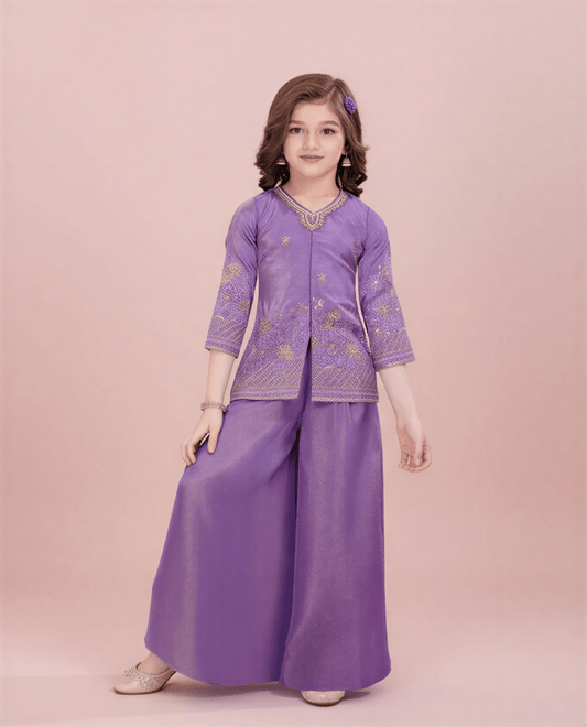 Elegant Girls’ Purple Embroidered Sharara Suit Set – 3 - Piece Festive Ethnic Wear - nemi kids wear