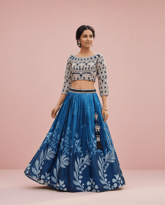 Embroidered Boat - Neck Crop Top & Floral Lehenga - nemi kids wear