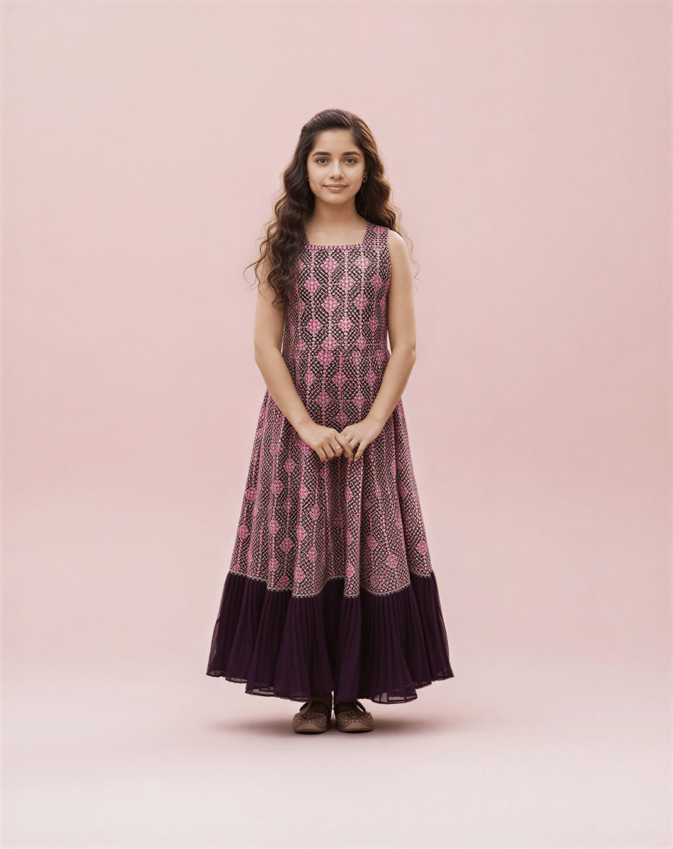 Ethnic Floral Print Girls' Maxi Dress - Deep Plum & Mauve - nemi kids wear