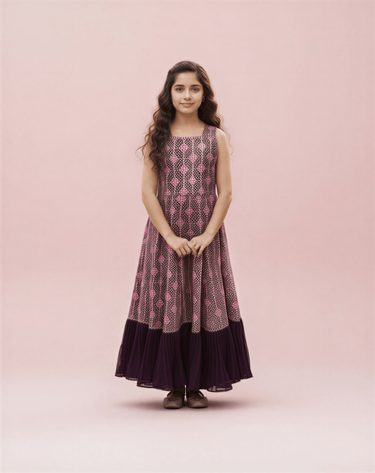 Ethnic Floral Print Girls' Maxi Dress - Deep Plum & Mauve - nemi kids wear