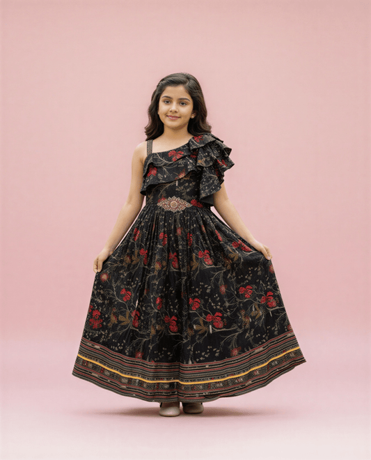 Girls’ Black Floral One - Shoulder Ruffle Maxi Dress – Festive Party Gown - nemi kids wear
