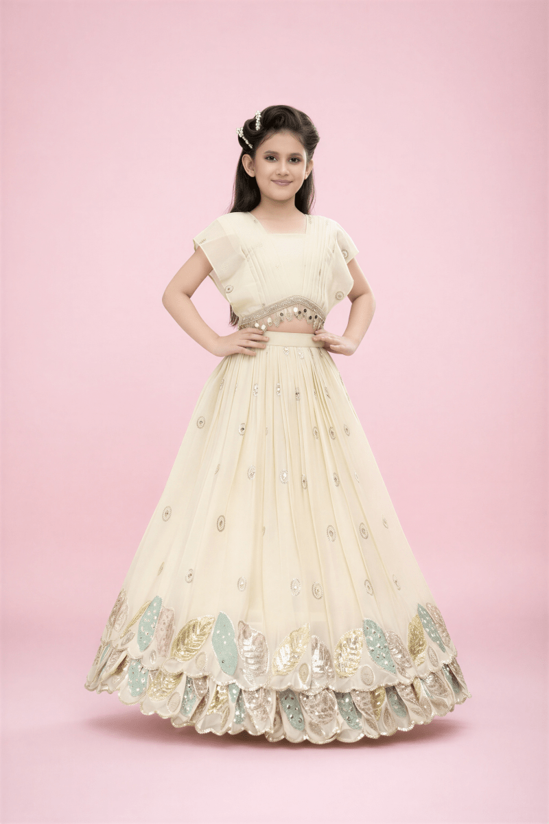 Girls Cream Embroidered Lehenga Choli with Mirror Work & Sequin Leaf Border - nemi kids wear