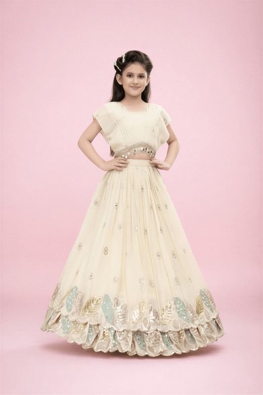 Girls Cream Embroidered Lehenga Choli with Mirror Work & Sequin Leaf Border - nemi kids wear