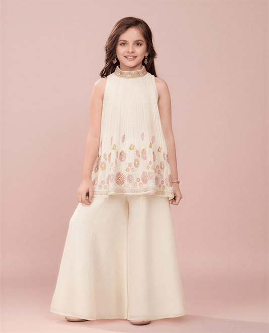 Girls' Cream Georgette Floral Embroidered Sharara Set with High - Neck Kurti - nemi kids wear
