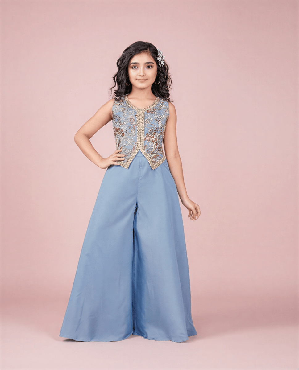 Girls’ Dusty Blue Embroidered Peplum Top and Wide - Leg Palazzo Set - nemi kids wear