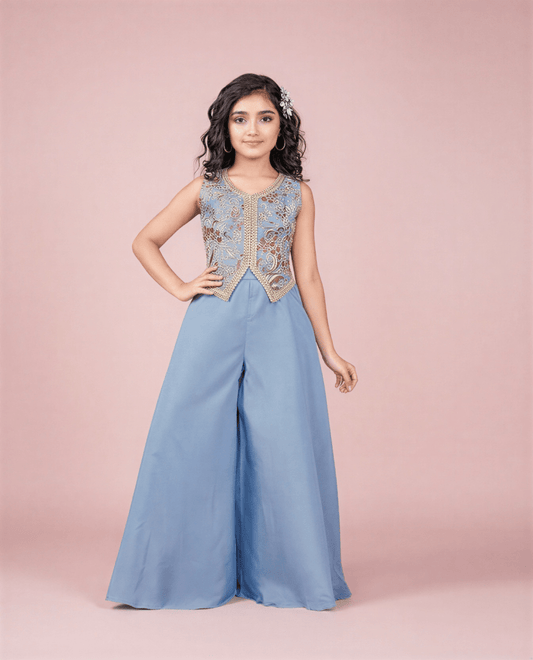 Girls’ Dusty Blue Embroidered Peplum Top and Wide - Leg Palazzo Set - nemi kids wear