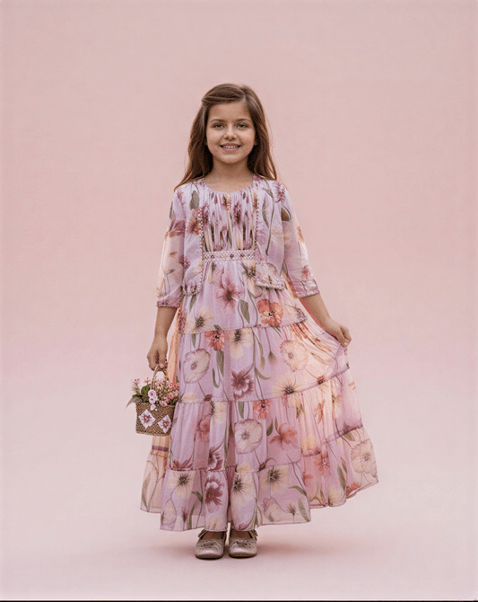 Girls' Dusty Pink Floral Tiered Maxi Dress with Matching Bolero Jacket - nemi kids wear