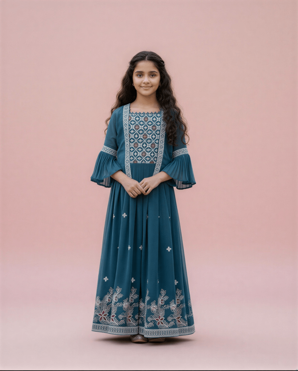 Girls’ Elegant Teal Blue Embroidered Anarkali Gown with Bell Sleeves - nemi kids wear