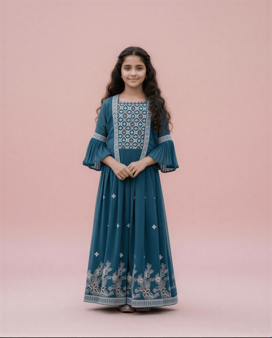 Girls’ Elegant Teal Blue Embroidered Anarkali Gown with Bell Sleeves - nemi kids wear
