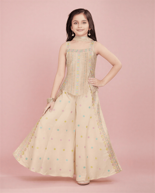 Girls' Ethnic Embroidered Kurti with Flared Sharara Pants & Choker Set - nemi kids wear