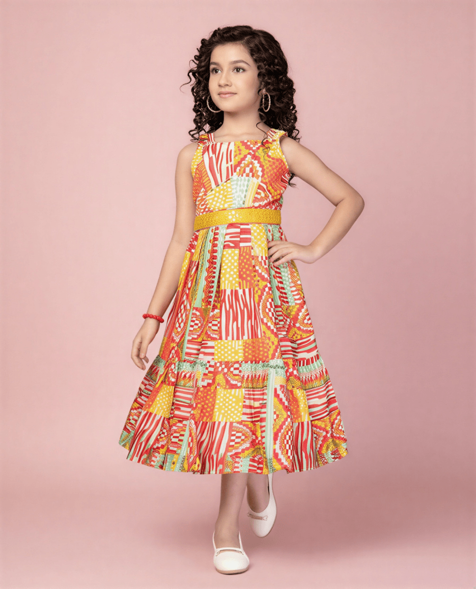 Girls' Ethnic Festive Cotton Midi Dress – Vibrant Multi - Color Geometric Print Party Gown - nemi kids wear