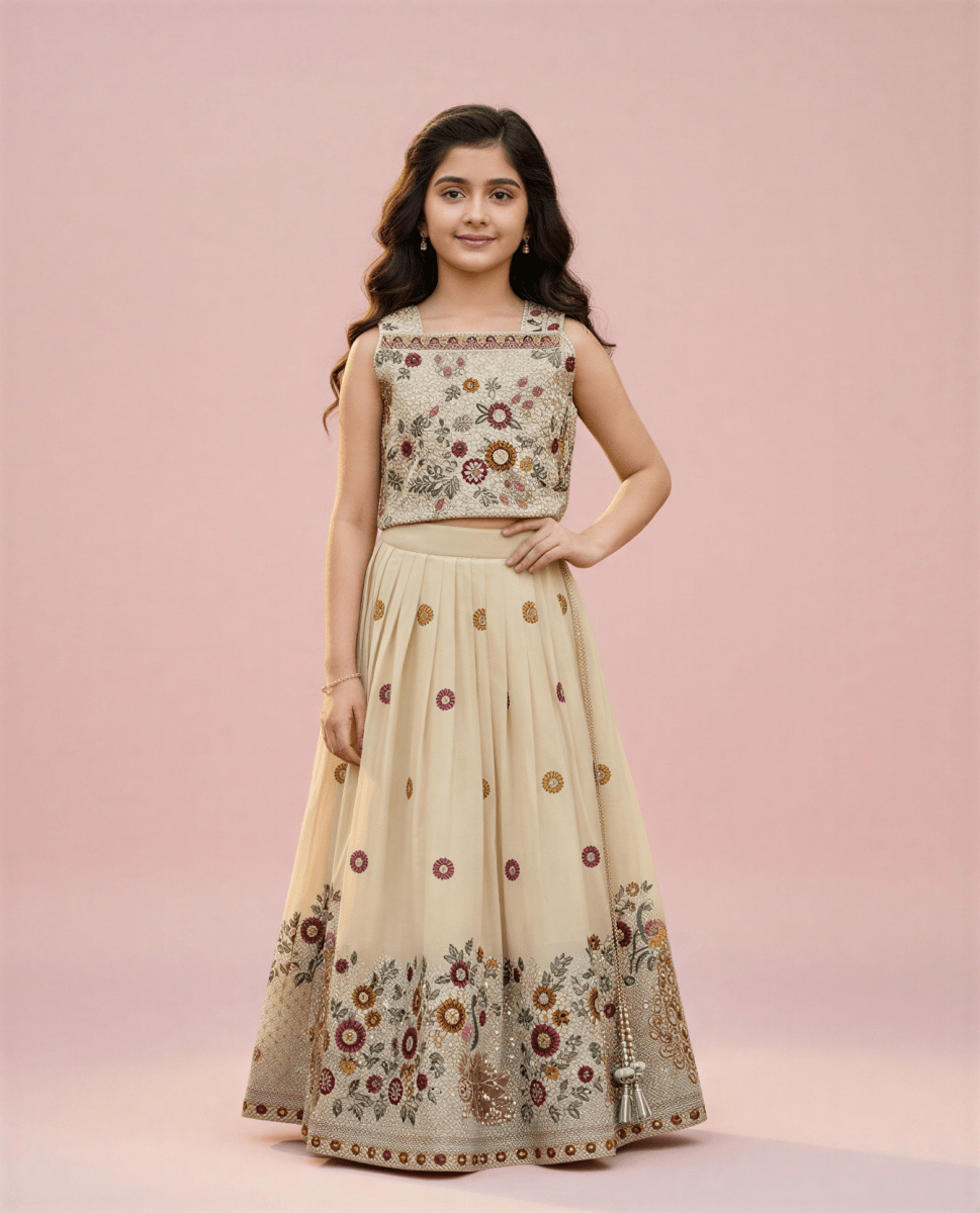 Girls' Floral Embroidered Lehenga Choli Set – Champagne Gold Ethnic Occasion Wear - nemi kids wear