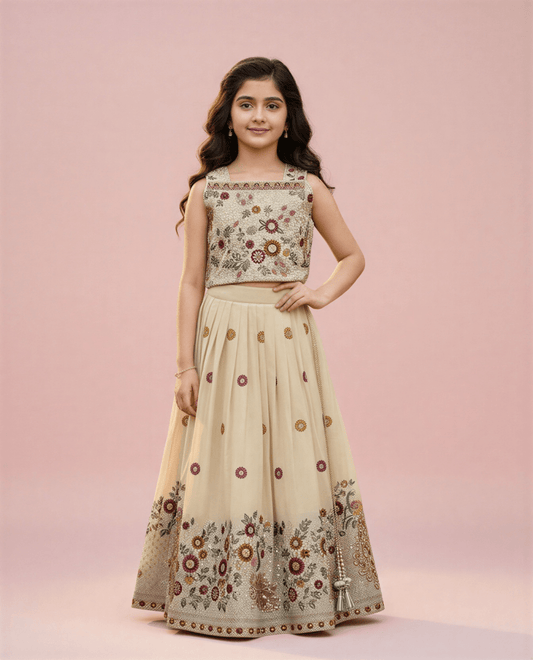 Girls' Floral Embroidered Lehenga Choli Set – Champagne Gold Ethnic Occasion Wear - nemi kids wear