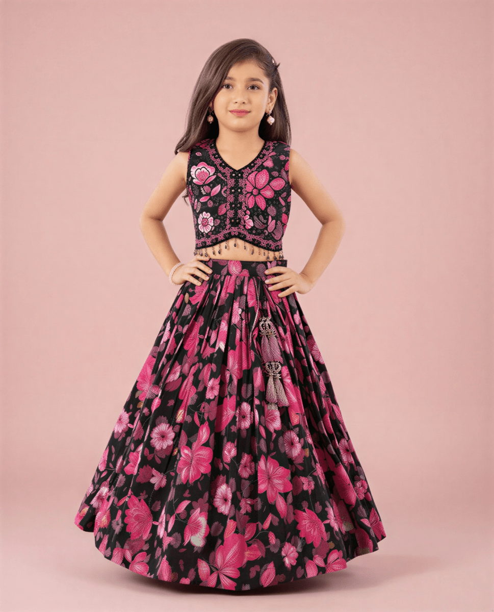 Girls' Floral Print Black & Pink Lehenga Choli Set with Sequin Embroidery - nemi kids wear