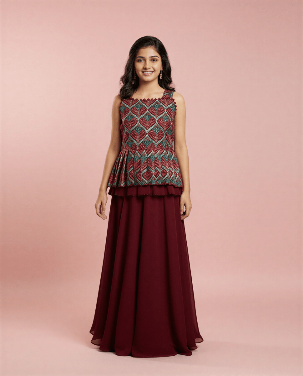 Girls' Fuchsia Pink & Blue Ombre Embroidered Lehenga Choli Set - nemi kids wear