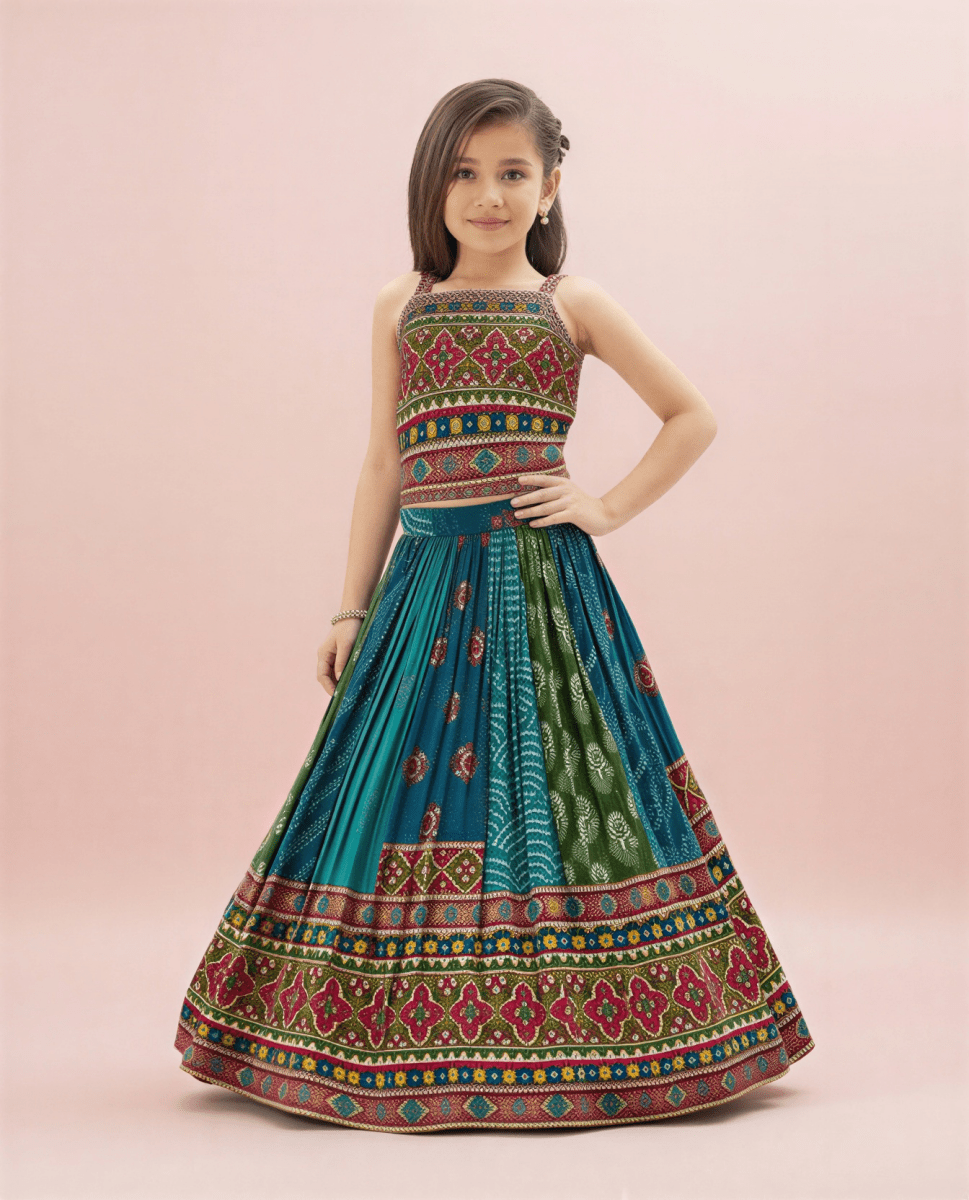 Girls Green Multi Patola Print Lehenga Choli Set with Mirror Work - nemi kids wear