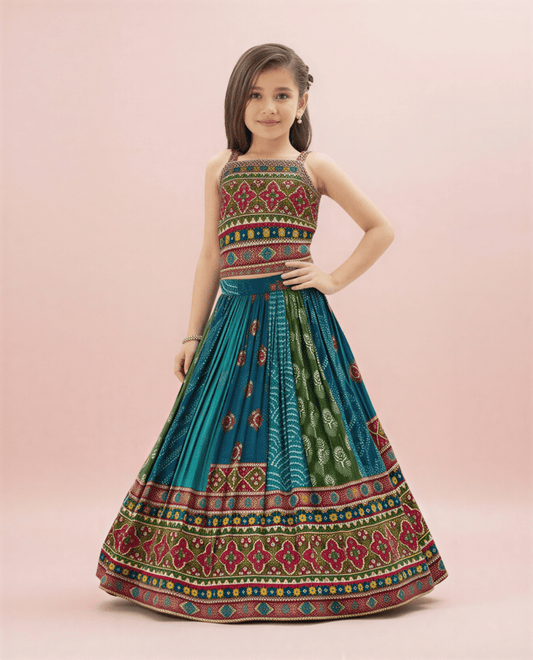 Girls Green Multi Patola Print Lehenga Choli Set with Mirror Work - nemi kids wear