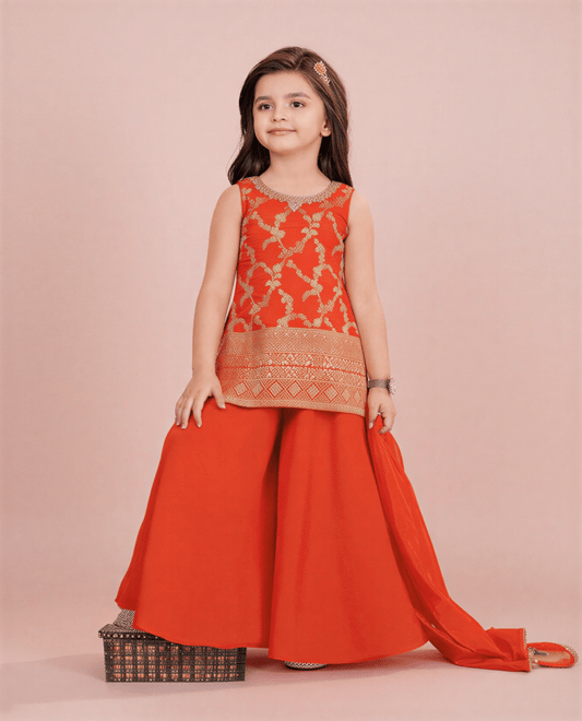 Girls' Lavender Embroidered Sleeveless Kurti with Flared Sharara & Dupatta Set - nemi kids wear