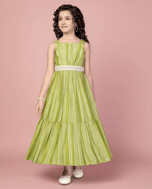 Girls' Lime Green Leheriya Print Ethnic Maxi Gown with Embellished Waist - nemi kids wear