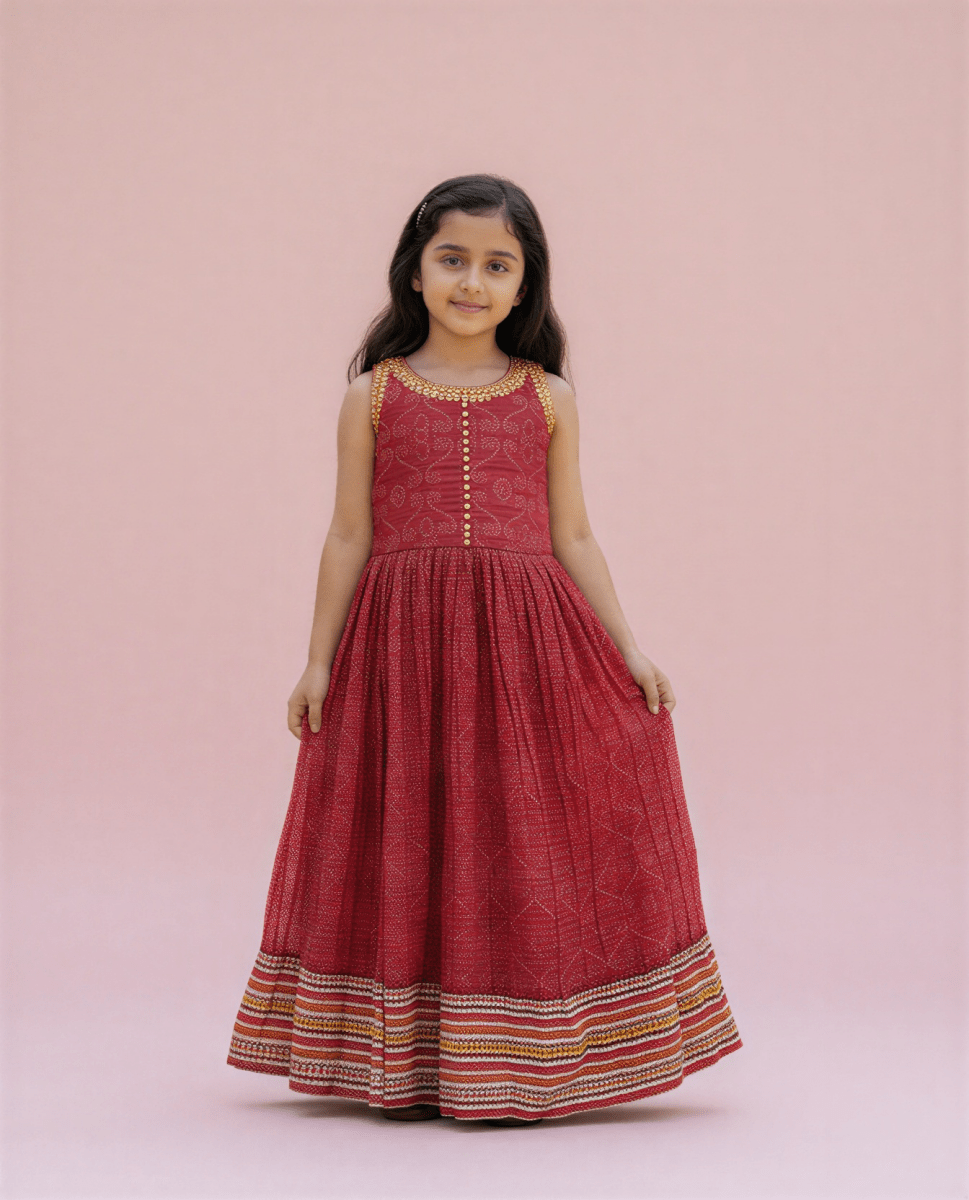 Girls' Maroon Bandhani Print Anarkali Gown with Gold Embroidered Neckline - nemi kids wear