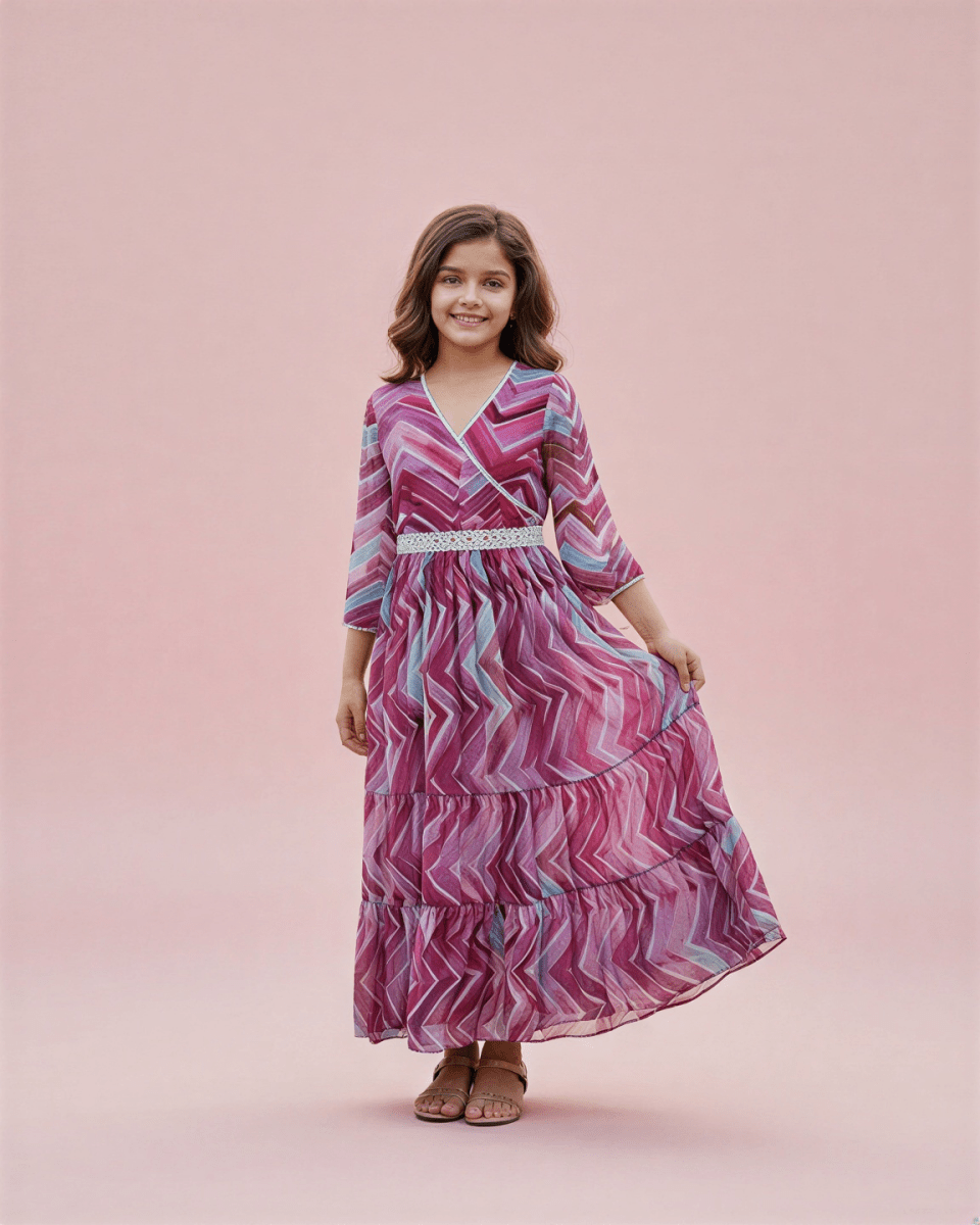 Girls' Mauve Chevron Print Chiffon Maxi Dress – Bohemian Tiered Garden Party Gown - nemi kids wear