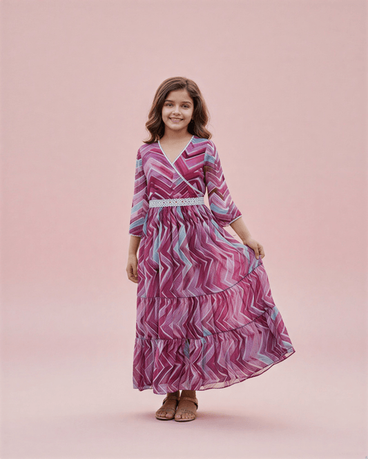 Girls' Mauve Chevron Print Chiffon Maxi Dress – Bohemian Tiered Garden Party Gown - nemi kids wear