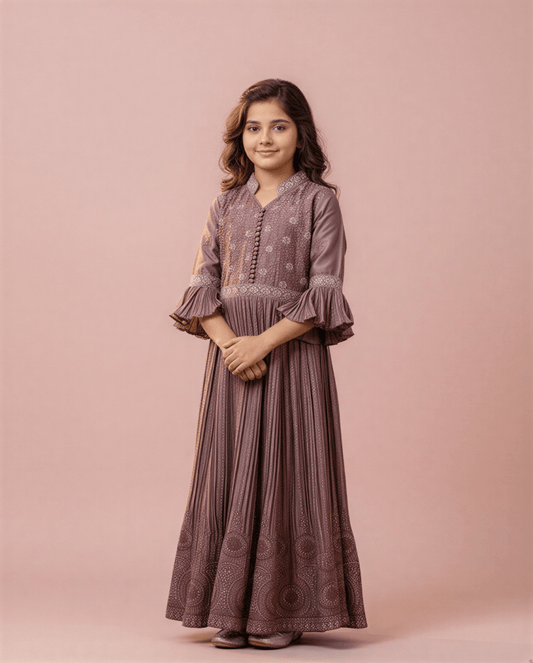 Girls’ Mauve Pleated Anarkali Gown with Embroidered Bodice - nemi kids wear