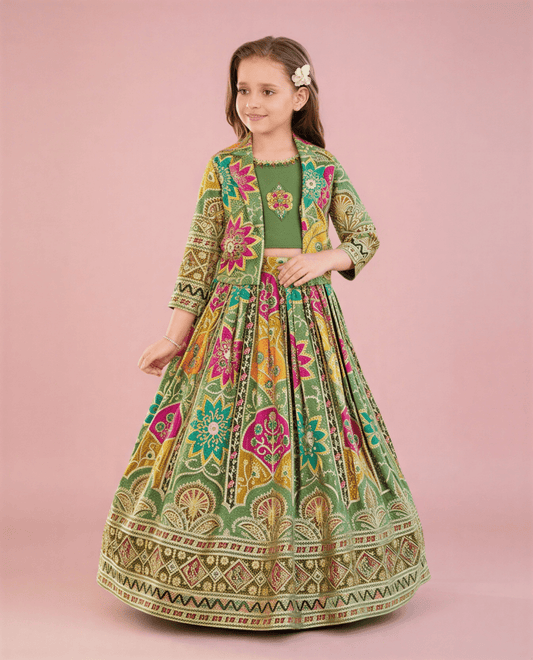 Girls' Multi - Color Printed Lehenga Choli with Embroidered Jacket Set - nemi kids wear