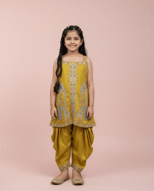 Girls' Mustard Yellow Embroidered Kurta with Dhoti Pants – 2 Piece Festive Set - nemi kids wear