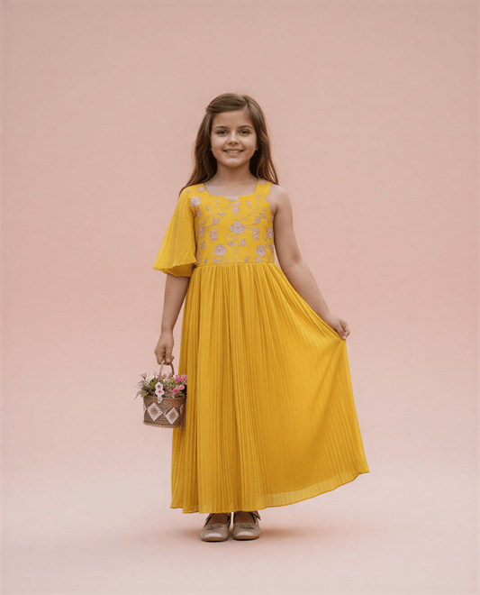 Girls' Mustard Yellow Pleated Maxi Dress with Floral Embroidered Bodice - nemi kids wear