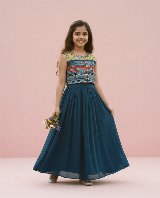 Girls Olive & Gold Multi - Print Jacket - Style Sharara Set – 3 - Piece Festive Ethnic Wear - nemi kids wear