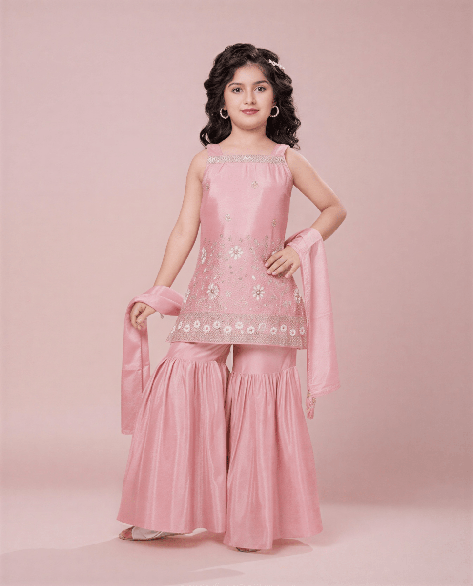 Girls Pink Silk Sharara Suit Set with Floral Embroidery & Dupatta – Festive Ethnic Wear - nemi kids wear