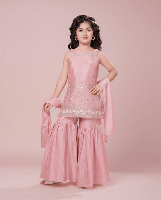 Girls Pink Silk Sharara Suit Set with Floral Embroidery & Dupatta – Festive Ethnic Wear - nemi kids wear