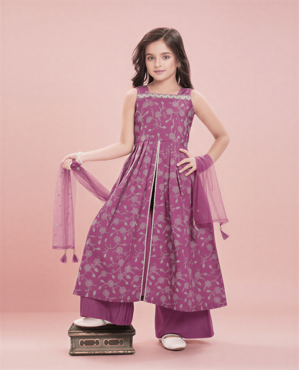Girls' Purple Floral Embroidered Sharara Set – 3 - Piece Festive Ethnic Suit - nemi kids wear