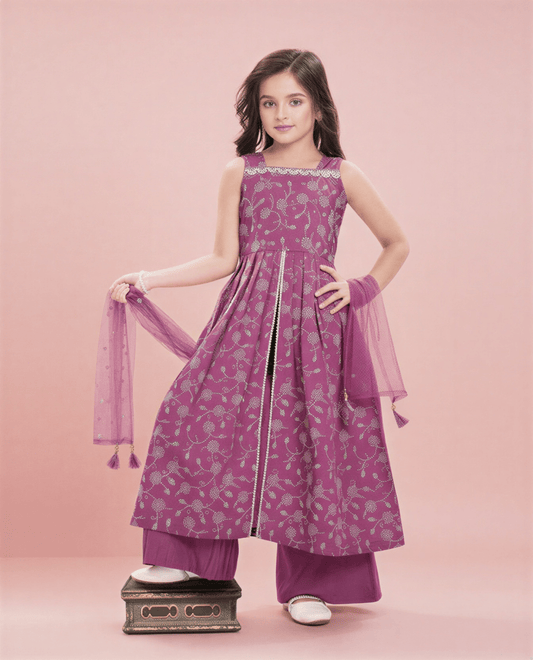 Girls' Purple Floral Embroidered Sharara Set – 3 - Piece Festive Ethnic Suit - nemi kids wear