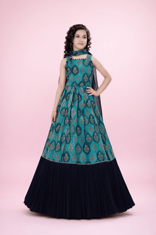 Girls’ Rama Green Foil Print Ethnic Gown with Pleated Contrast Border - nemi kids wear