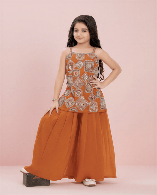 Girls Rust Orange Embroidered Kurti with Flared Sharara Plazzo Set - nemi kids wear