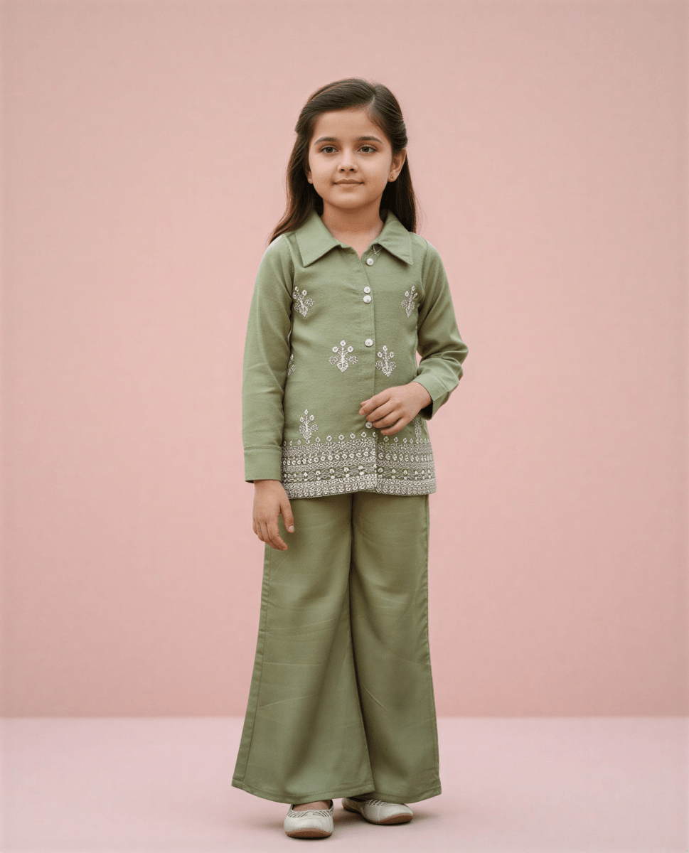 Girls' Sage Green Embroidered Kurta & Wide - Leg Trouser Set - nemi kids wear