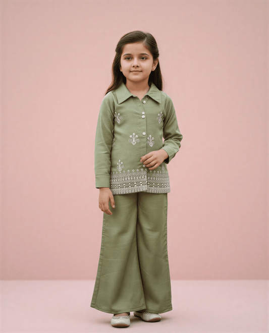 Girls' Sage Green Embroidered Kurta & Wide - Leg Trouser Set - nemi kids wear