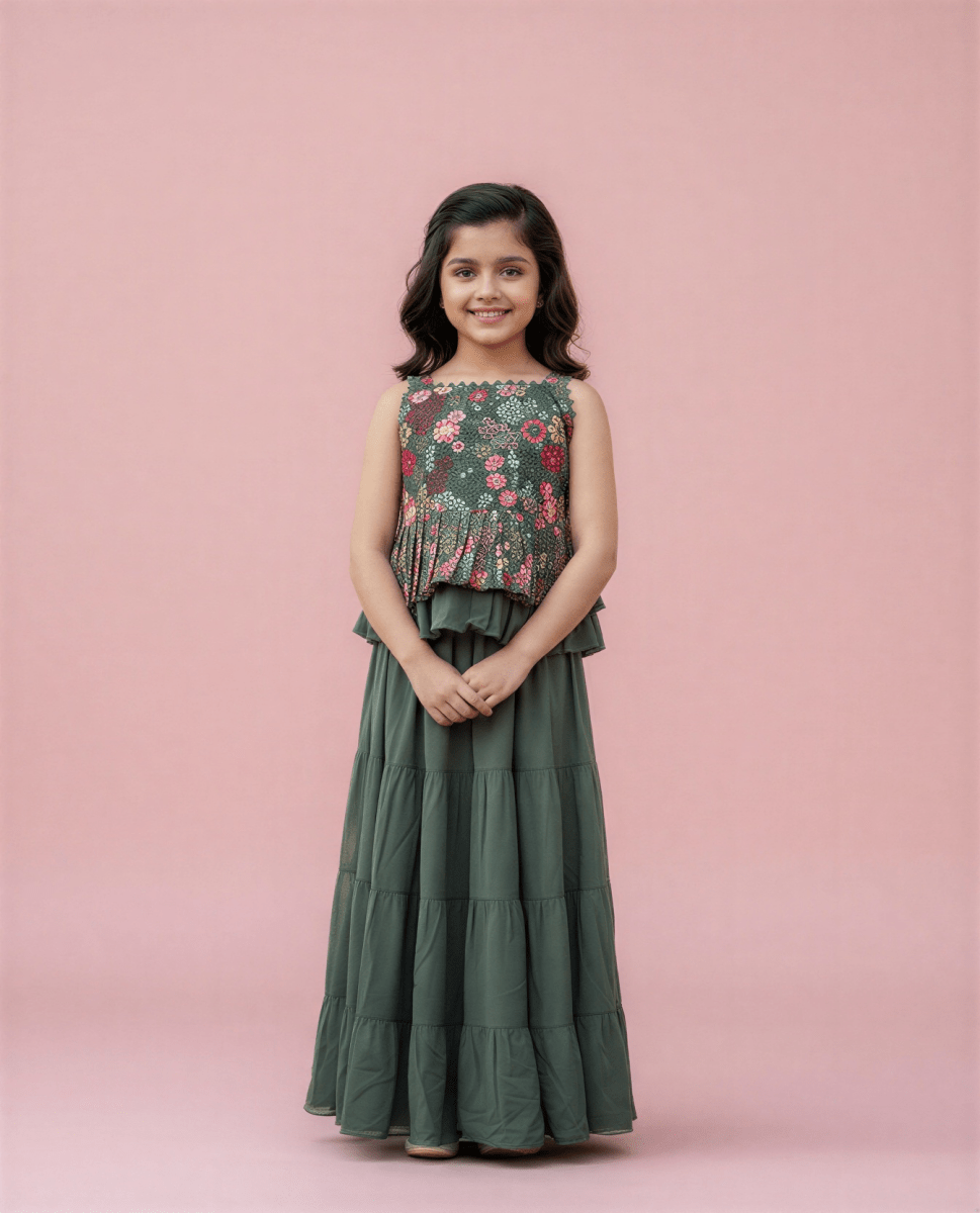 Girls' Sage Green Tiered Maxi Skirt and Floral Peplum Top Set – Contemporary Ethnic Wear - nemi kids wear
