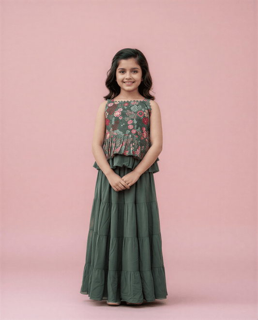 Girls' Sage Green Tiered Maxi Skirt and Floral Peplum Top Set – Contemporary Ethnic Wear - nemi kids wear