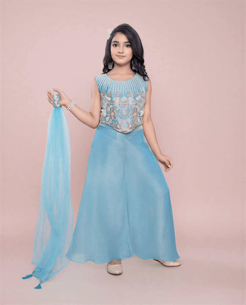 Girls’ Sky Blue Embroidered Lehenga Choli with Net Dupatta - Festive Party Wear - nemi kids wear
