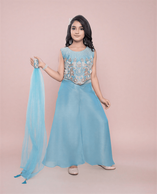 Girls’ Sky Blue Embroidered Lehenga Choli with Net Dupatta - Festive Party Wear - nemi kids wear