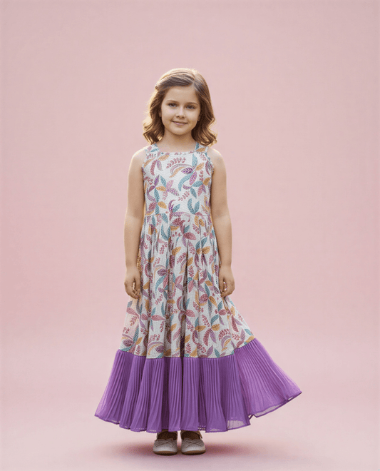 Girls' Sleeveless Floral Print Maxi Dress with Purple Pleated Hem - nemi kids wear
