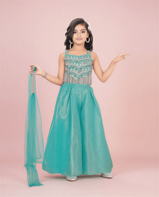 Girls' Teal Blue Embroidered Palazzo Suit - Shimmering 3 - Piece Indo - Western Festive Set with Dupatta - nemi kids wear