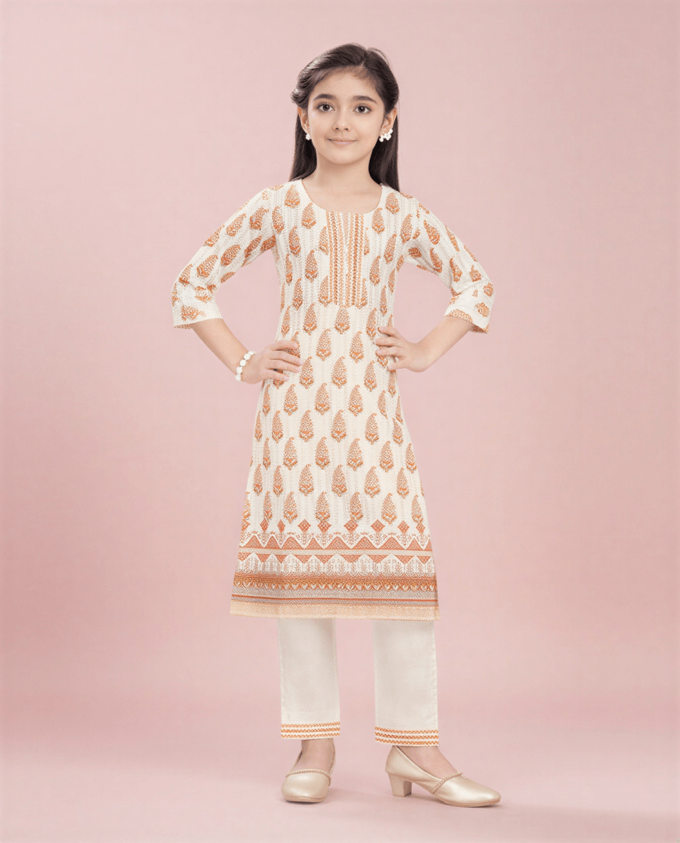 Golden Saffron Floral Kurta & Trouser Set - nemi kids wear