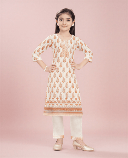 Golden Saffron Floral Kurta & Trouser Set - nemi kids wear