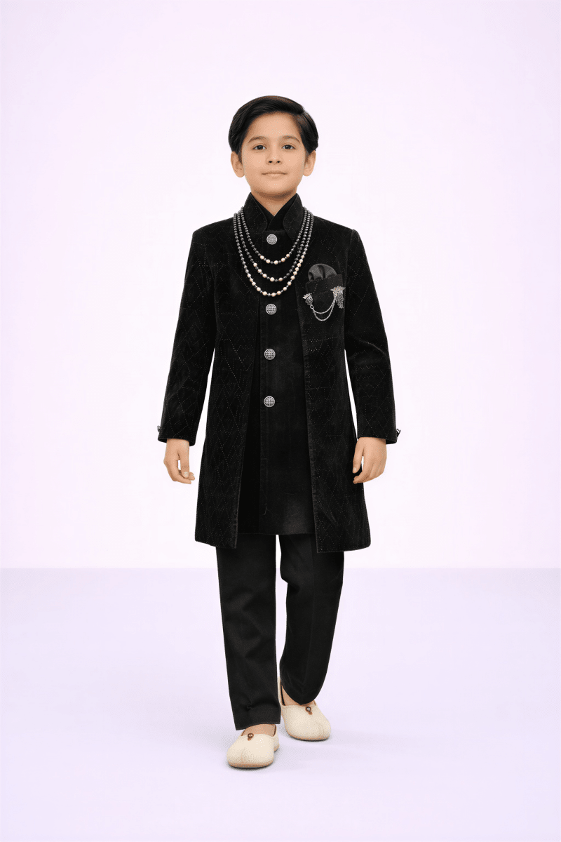 Imperial Black Velvet Achkan - nemi kids wear